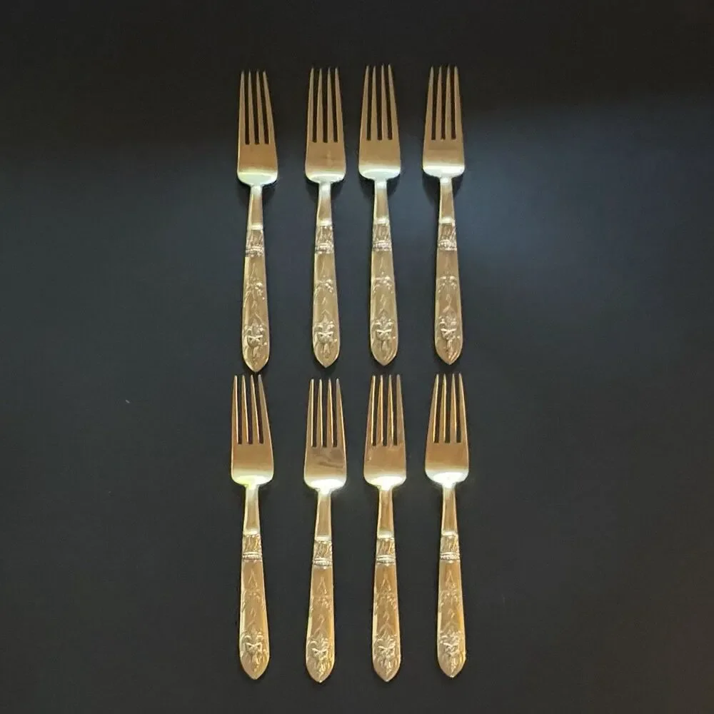 Set Of 8 Vintage Brass Dinner Forks Thailand Buddha Deity Pattern Heavy Flatware